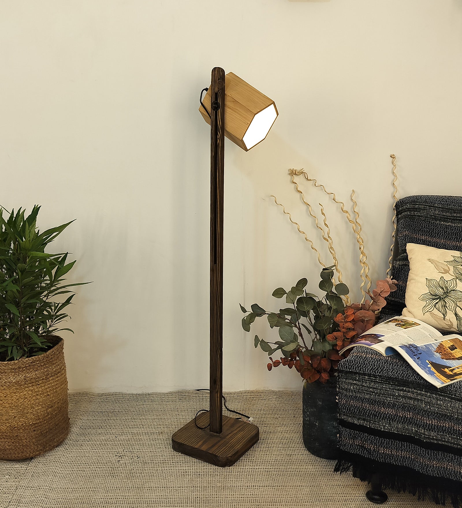 HexSpot Wooden Floor Lamp with Beige  Base and Red Wooden Lampshade (BULB NOT INCLUDED)