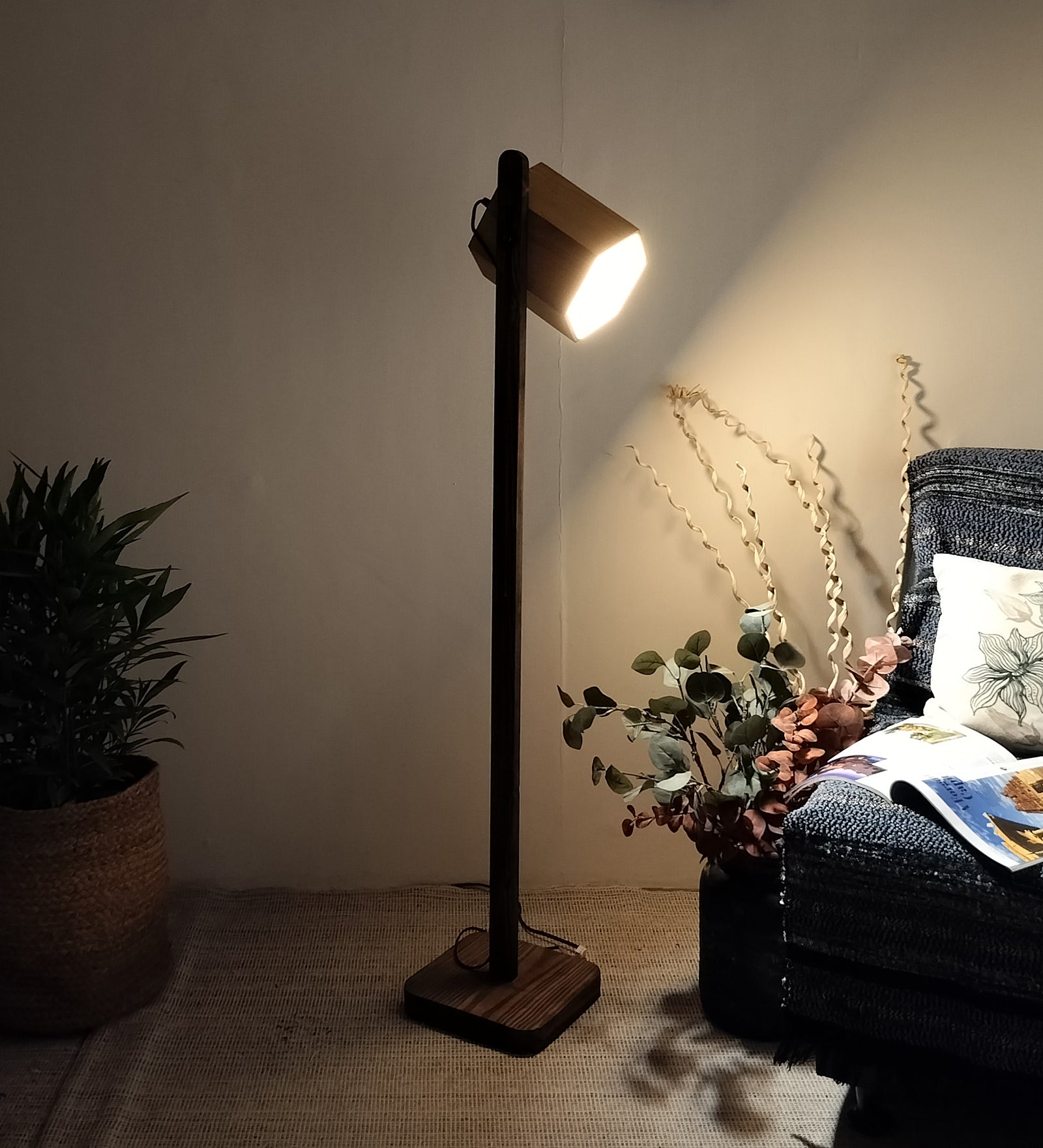 HexSpot Wooden Floor Lamp with Beige  Base and Red Wooden Lampshade (BULB NOT INCLUDED)