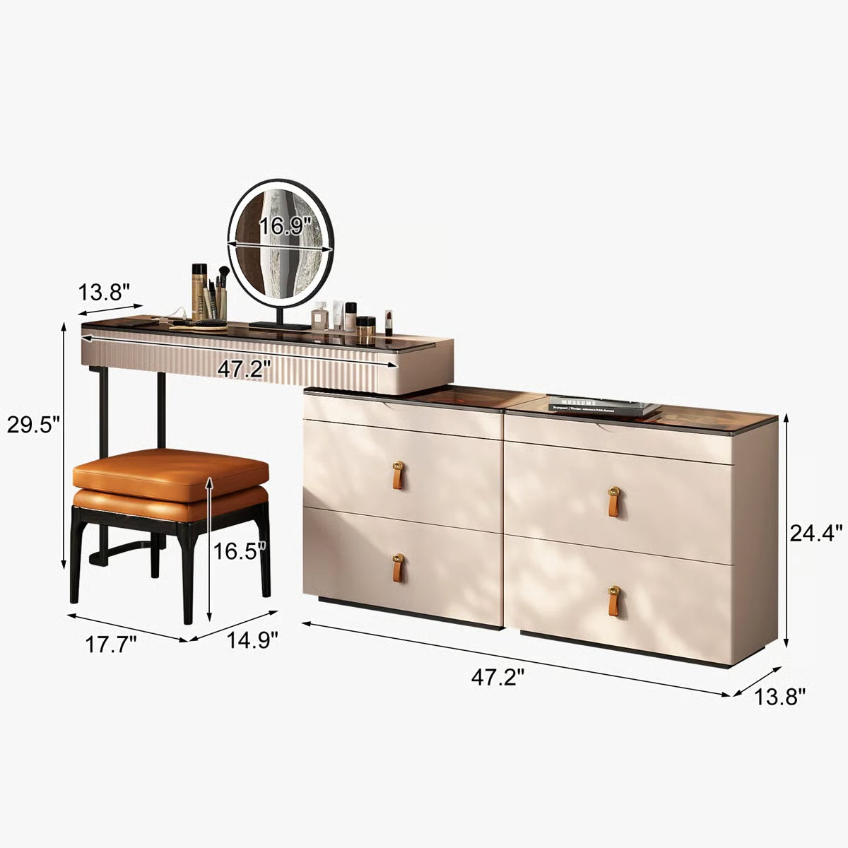 Luxury Corner Makeup Vanity Desk with Glass Top, Stool and Built-In Power Outlet- OUCH CART | Dressing table 
