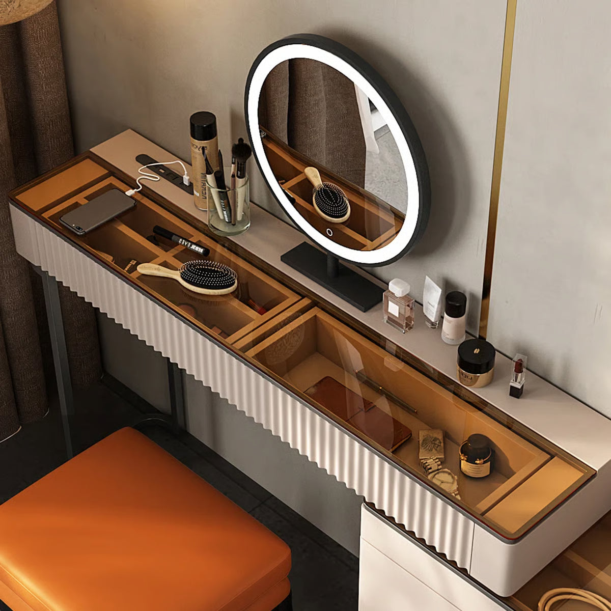 Luxury Corner Makeup Vanity Desk with Glass Top, Stool and Built-In Power Outlet