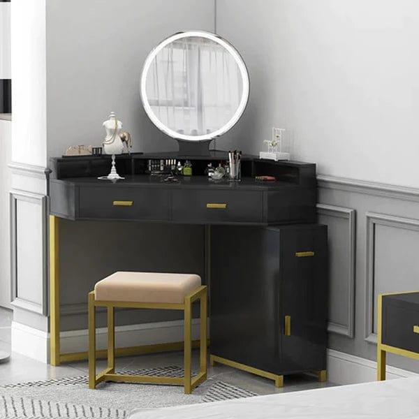 Ewa Vanity Dressing Table with Mirror & Stool | Makeup Vanity Desk Black Vanity Table Dressing Table with Drawers Vanity Desk with Mirror Makeup Table for Bedroom Bathroom - Black - Ouch Cart 