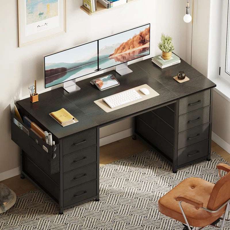 Ouch Cart Modern Home Office Writing Desk with 8 Fabric Drawers, Reversible Corner Design, Steel Frame & Spacious Storage