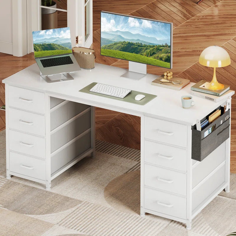 Ouch Cart Modern Home Office Writing Desk with 8 Fabric Drawers, Reversible Corner Design, Steel Frame & Spacious Storage