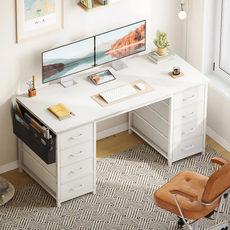 Ouch Cart Modern Home Office Writing Desk with 8 Fabric Drawers, Reversible Corner Design, Steel Frame & Spacious Storage