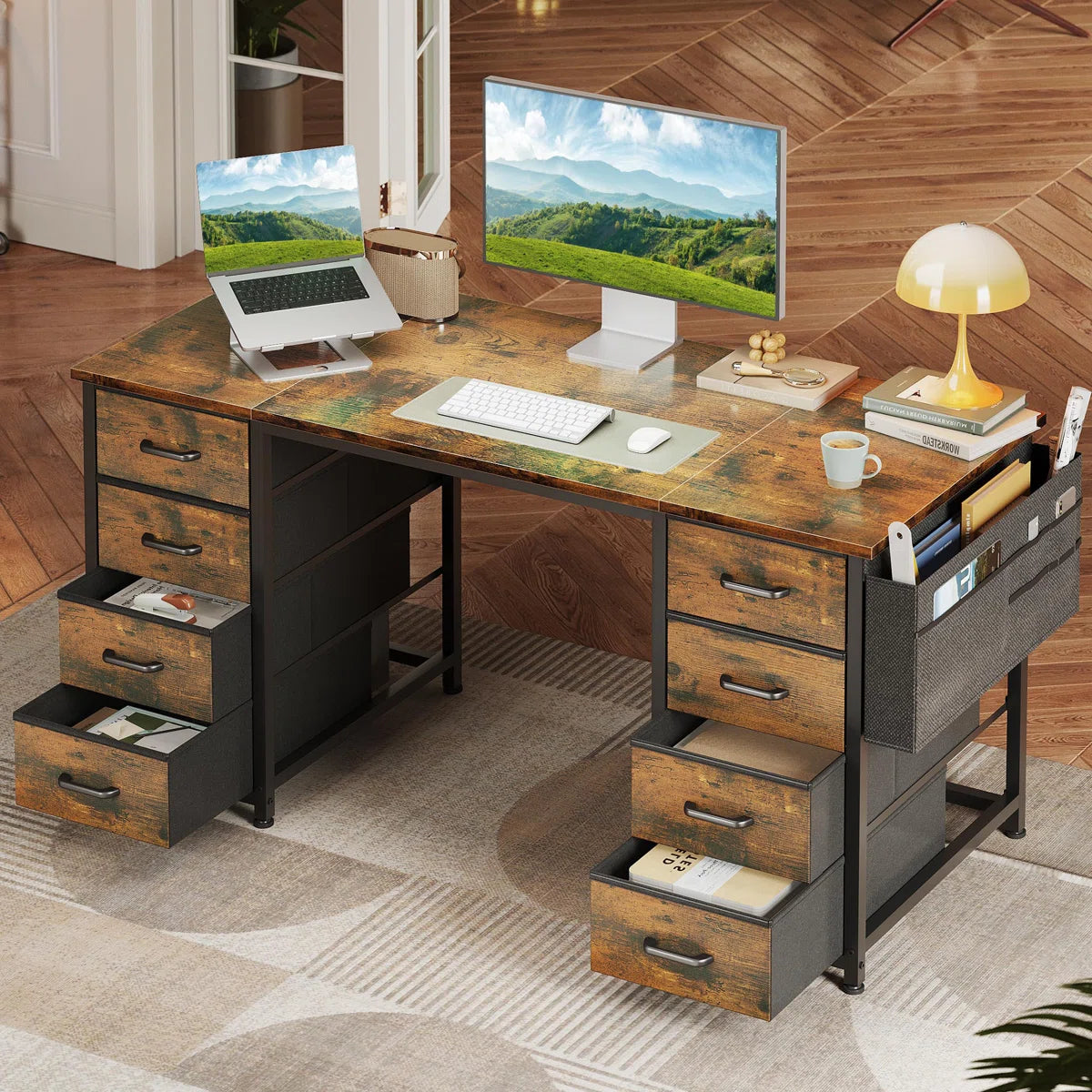 Ouch Cart Modern Home Office Writing Desk with 8 Fabric Drawers, Reversible Corner Design, Steel Frame & Spacious Storage
