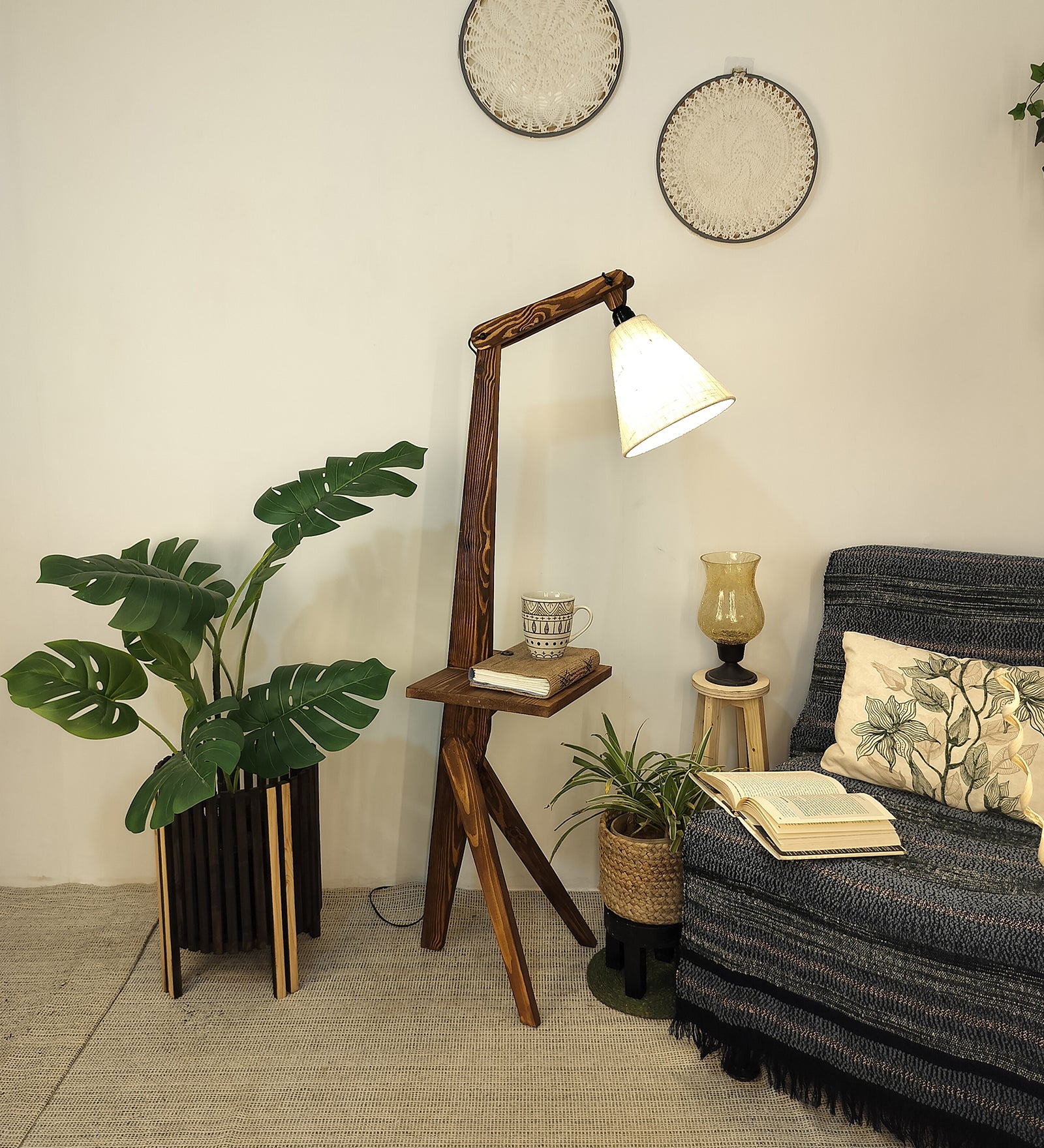 Hubert Wooden Floor Lamp with Brown Base and Jute Fabric Lampshade (BULB NOT INCLUDED)