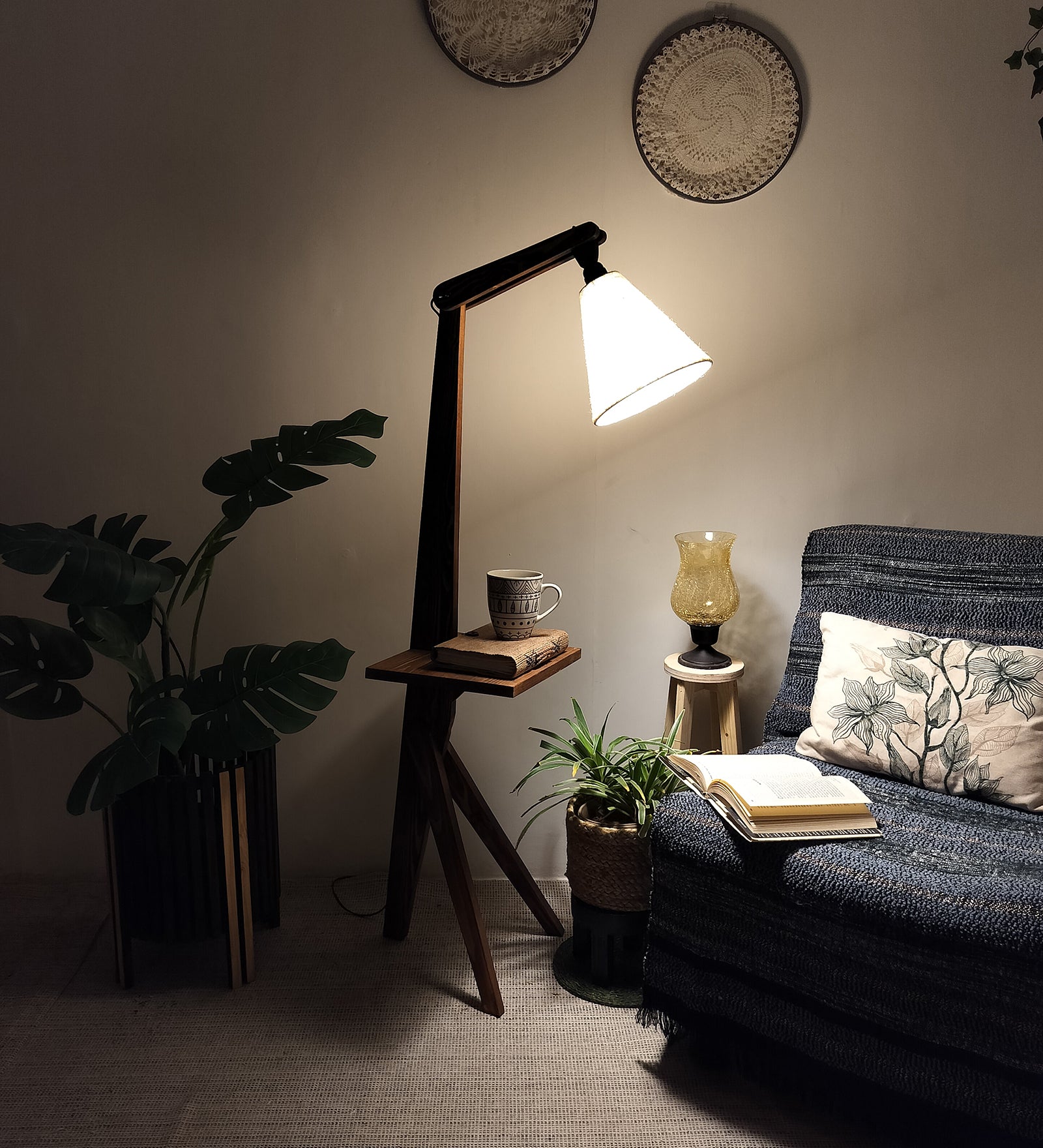 Hubert Wooden Floor Lamp with Brown Base and Jute Fabric Lampshade (BULB NOT INCLUDED)