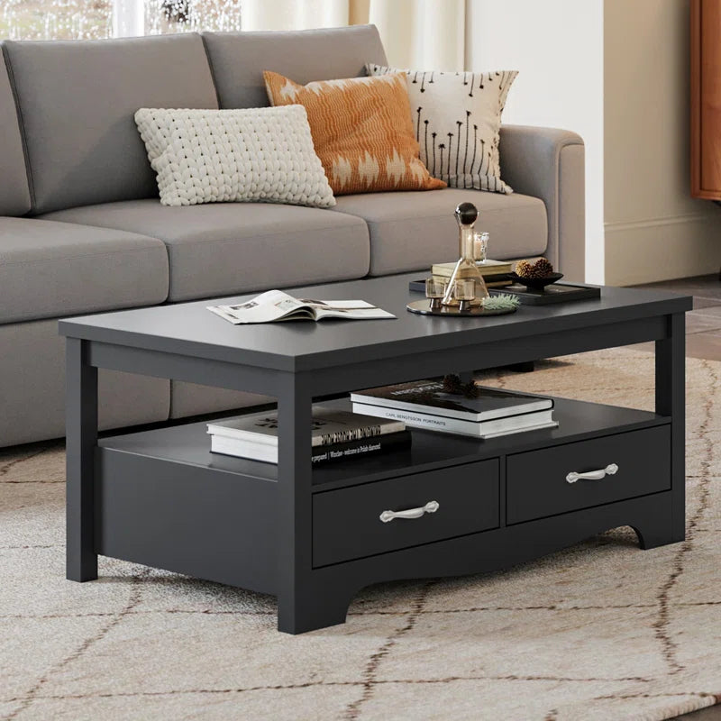 Farmhouse Coffee Table with Drawers & Open Shelf | Rustic Storage Center Table for Living Room