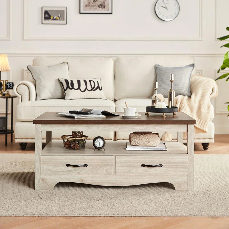 Farmhouse Coffee Table with Drawers & Open Shelf | Rustic Storage Center Table for Living Room