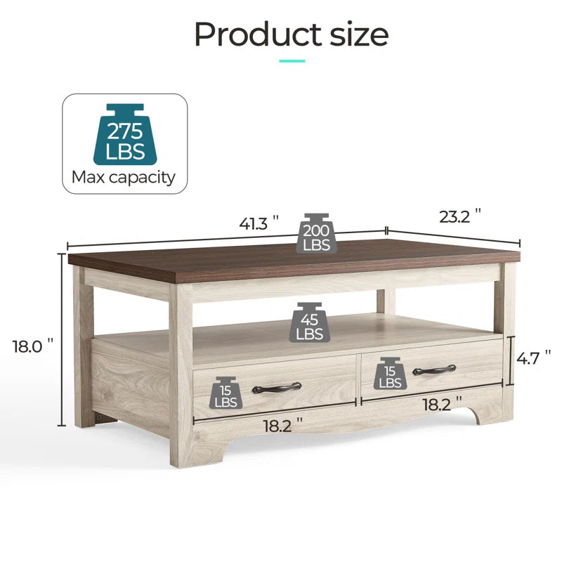 Farmhouse Coffee Table with Drawers & Open Shelf | Rustic Storage Center Table for Living Room