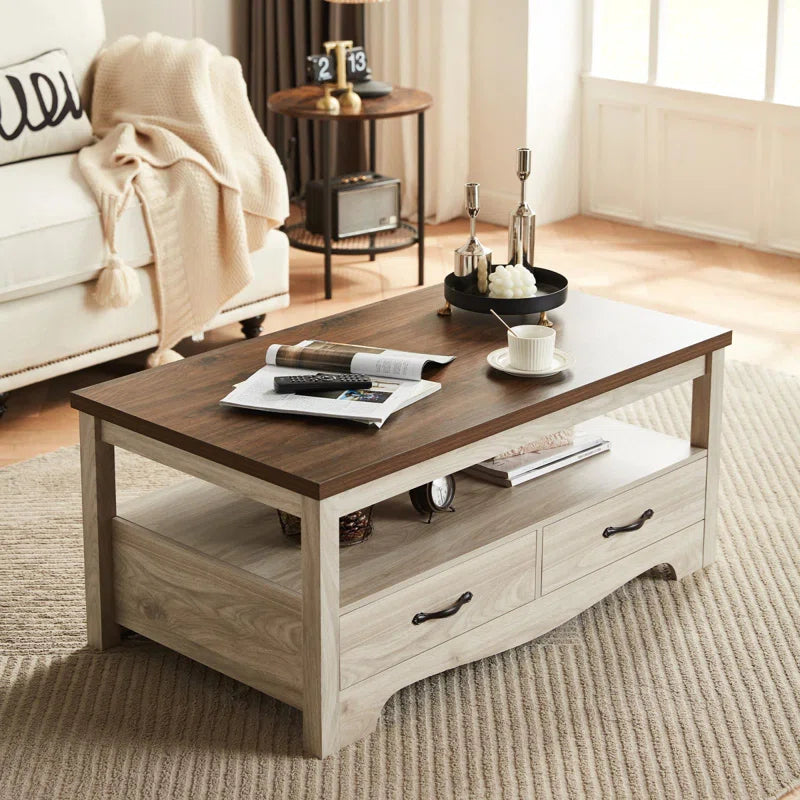 Farmhouse Coffee Table with Drawers & Open Shelf | Rustic Storage Center Table for Living Room