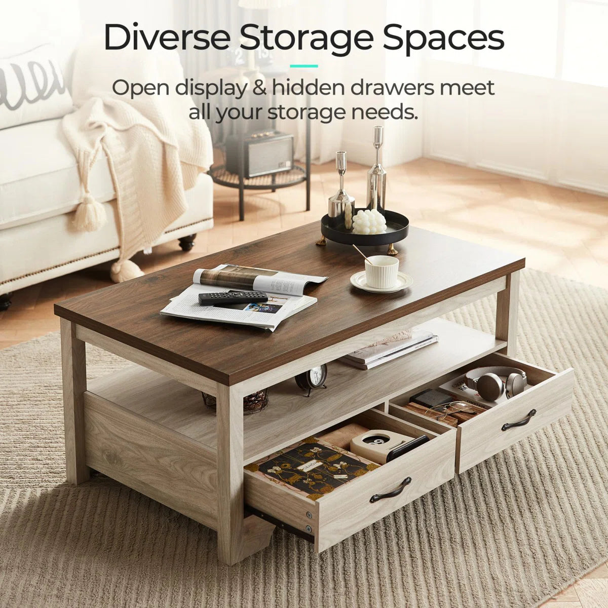 Farmhouse Coffee Table with Drawers & Open Shelf | Rustic Storage Center Table for Living Room