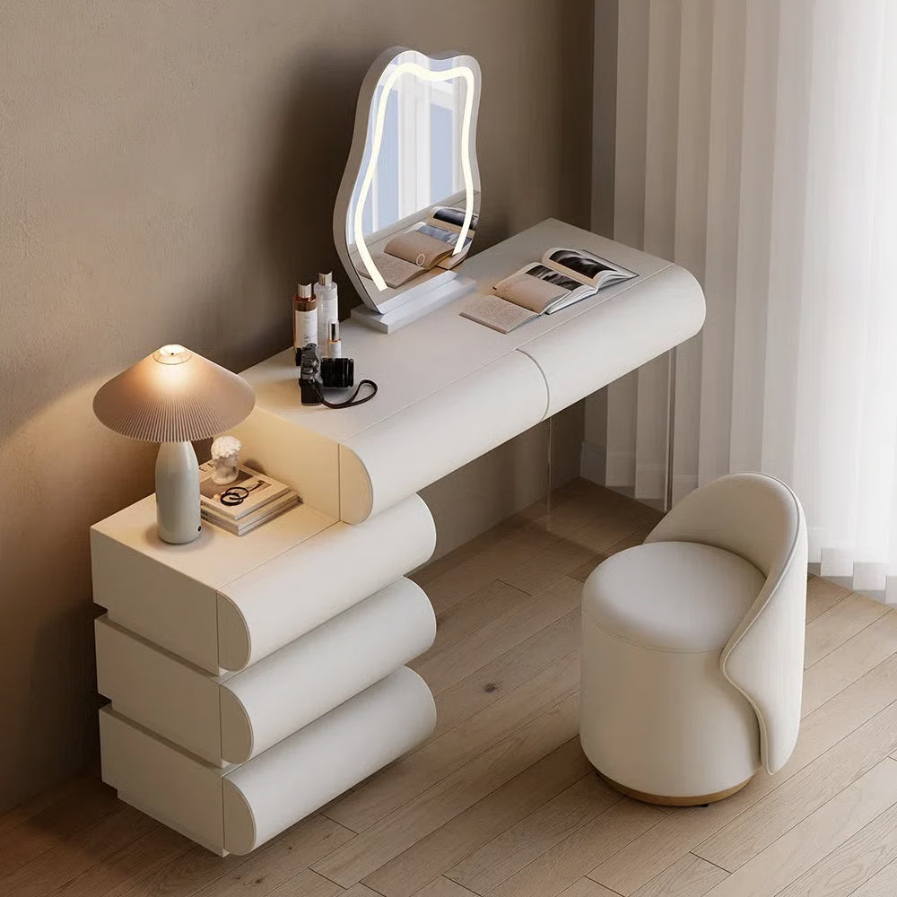 Humply Modern Makeup Vanity Set PU Leather Dressing Table with Stool & LED Mirror