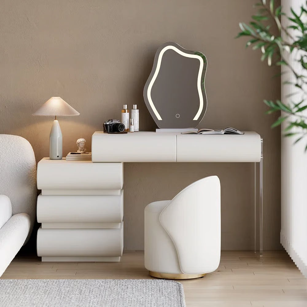 Humply Modern Makeup Vanity Set PU Leather Dressing Table with Stool & LED Mirror
