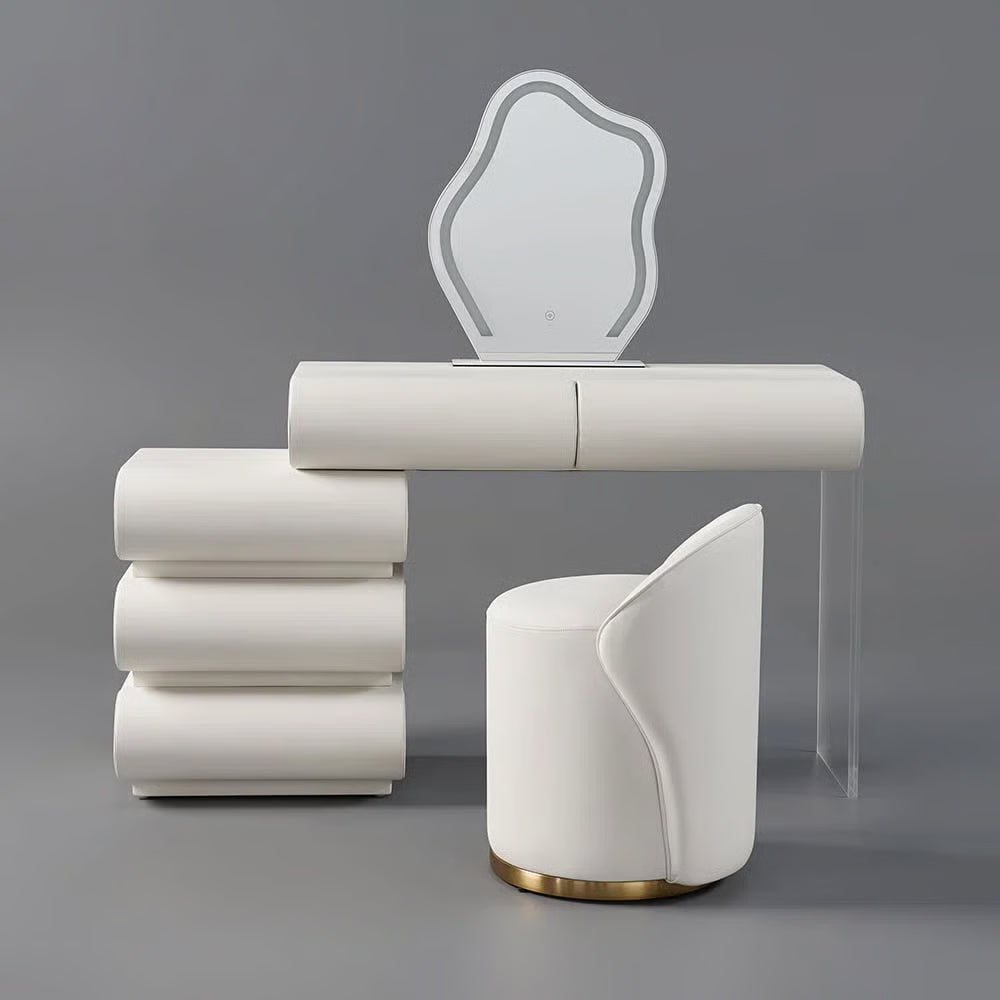 Humply Modern Makeup Vanity Set PU Leather Dressing Table with Stool & LED Mirror