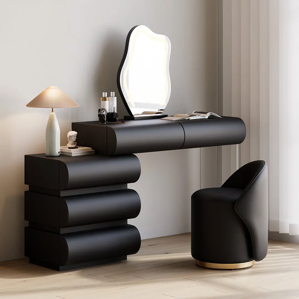 Humply Modern Makeup Vanity Set PU Leather Dressing Table with Stool & LED Mirror