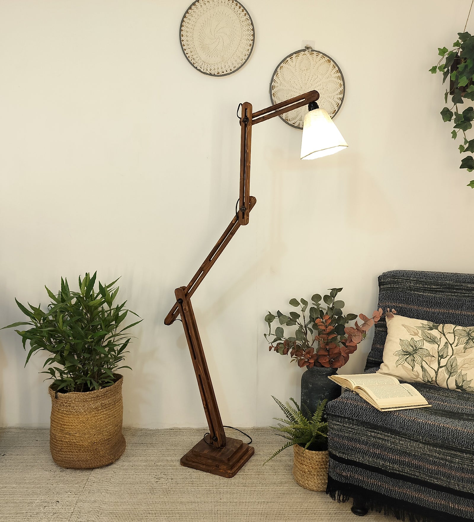 Hydra Wooden Floor Lamp with Brown Base and Jute Fabric Lampshade (BULB NOT INCLUDED)