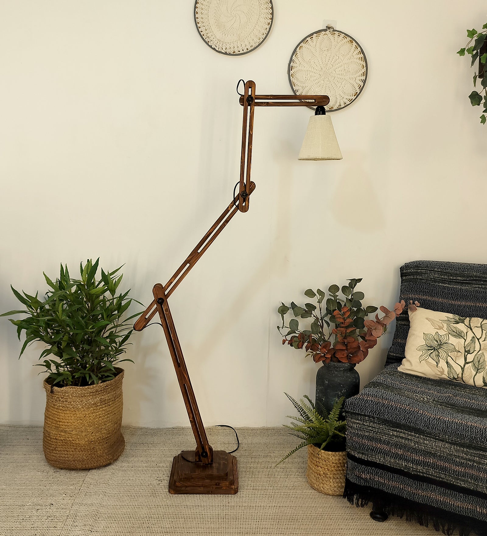 Hydra Wooden Floor Lamp with Brown Base and Jute Fabric Lampshade (BULB NOT INCLUDED)