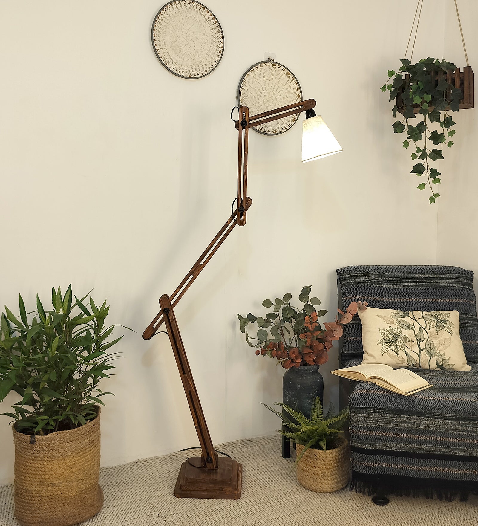 Hydra Wooden Floor Lamp with Brown Base and Jute Fabric Lampshade (BULB NOT INCLUDED)