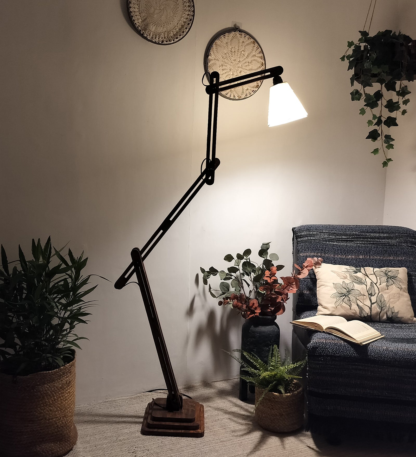 Hydra Wooden Floor Lamp with Brown Base and Jute Fabric Lampshade (BULB NOT INCLUDED)