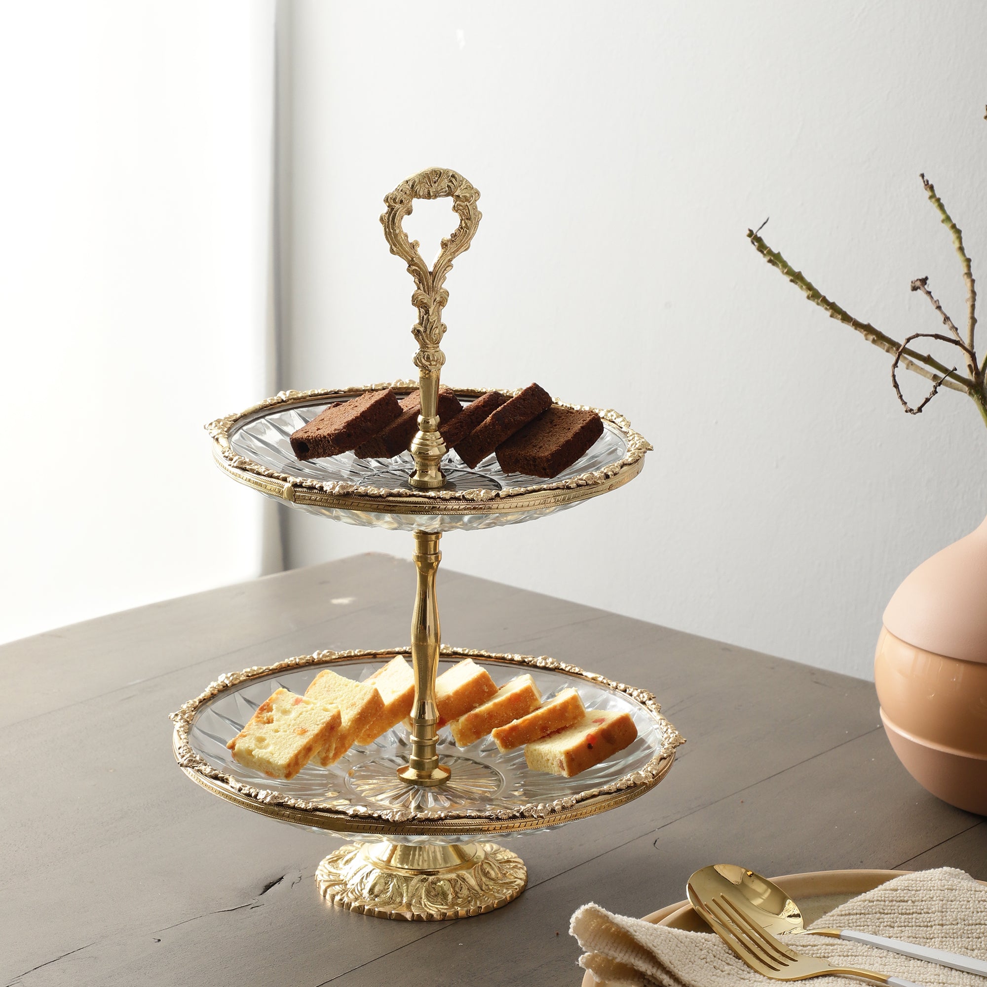 Spearhead Crystal Double Cake Stand in Gold