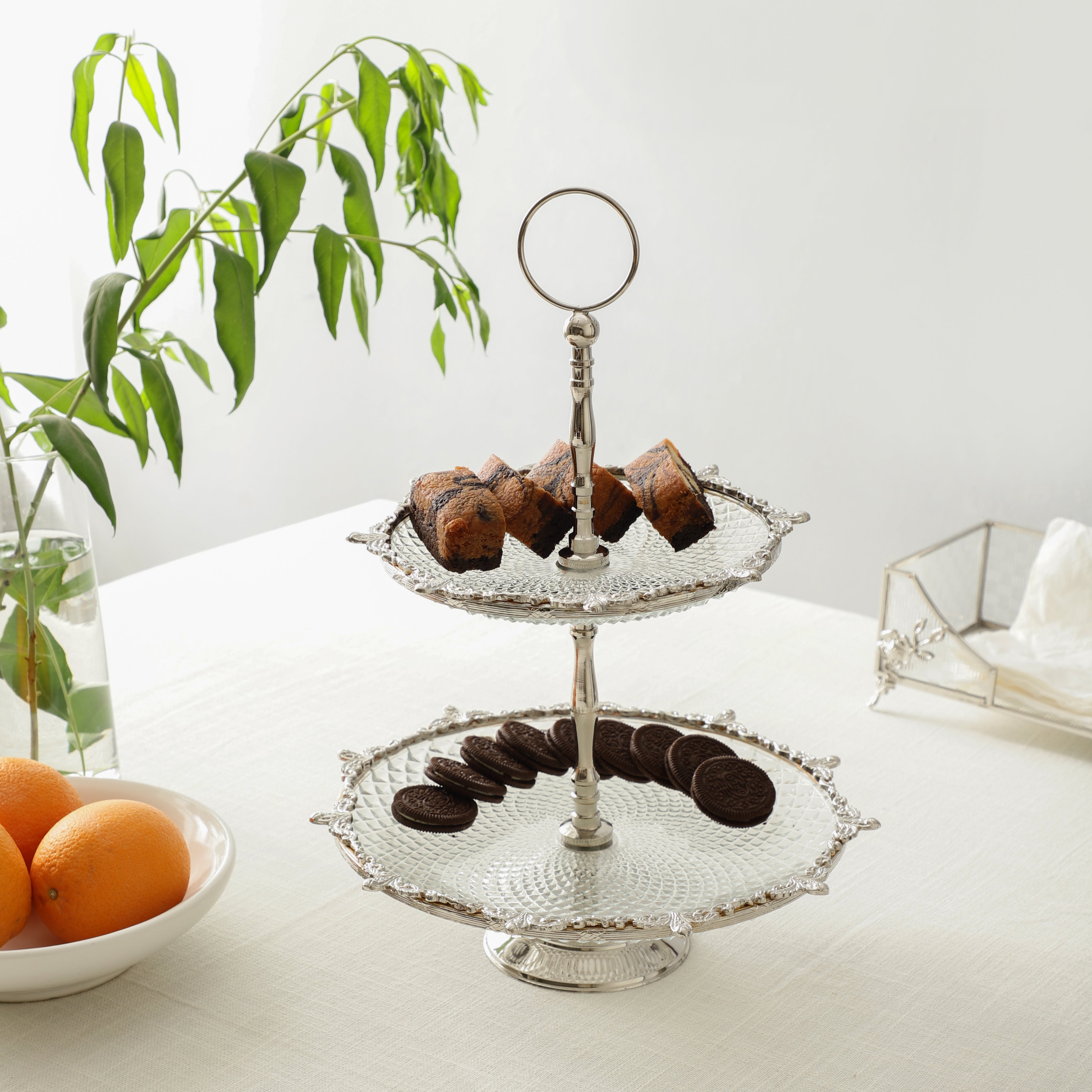 Crystal Spike Double Cake stand in silver