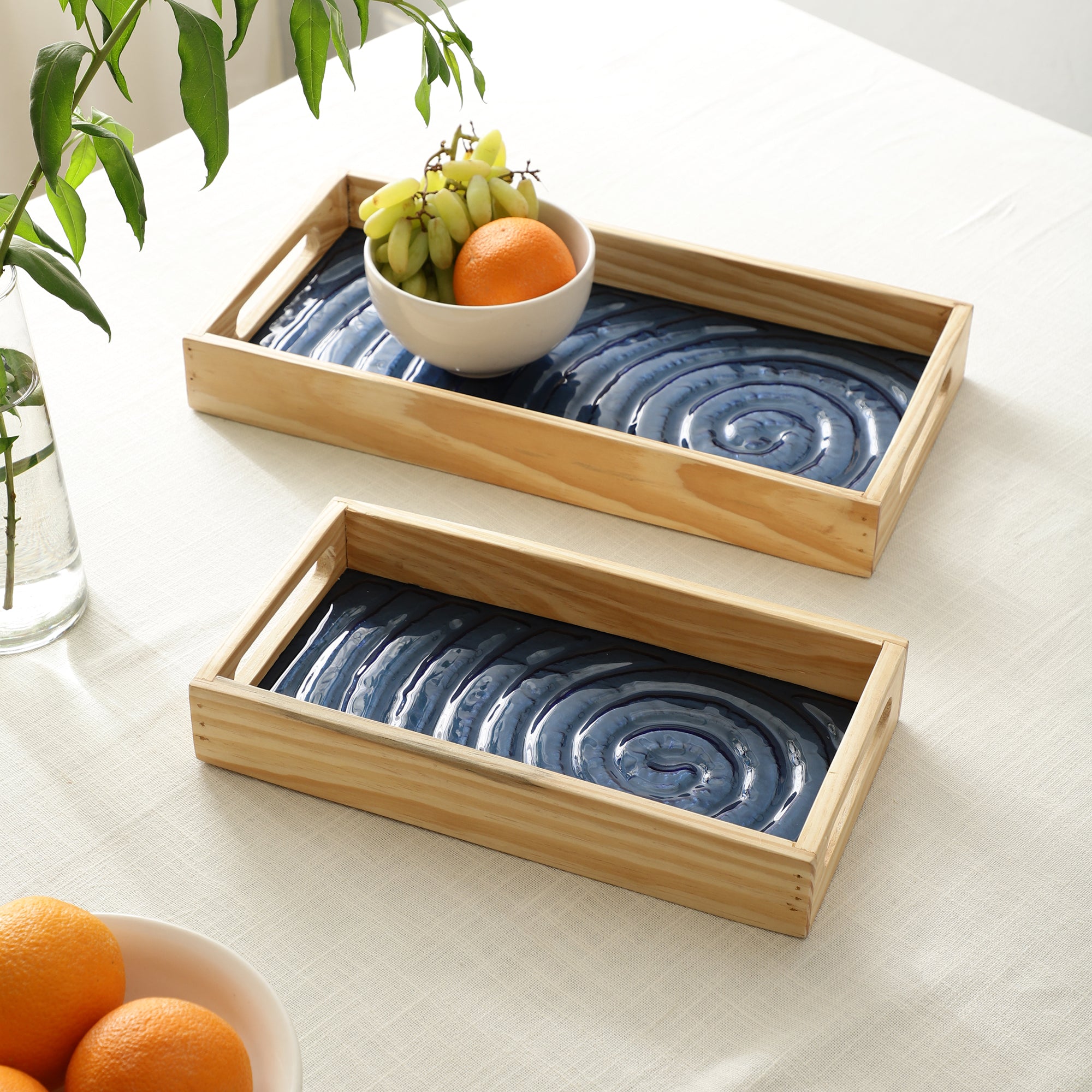 Duran Blue Spiral Glass Tray Set