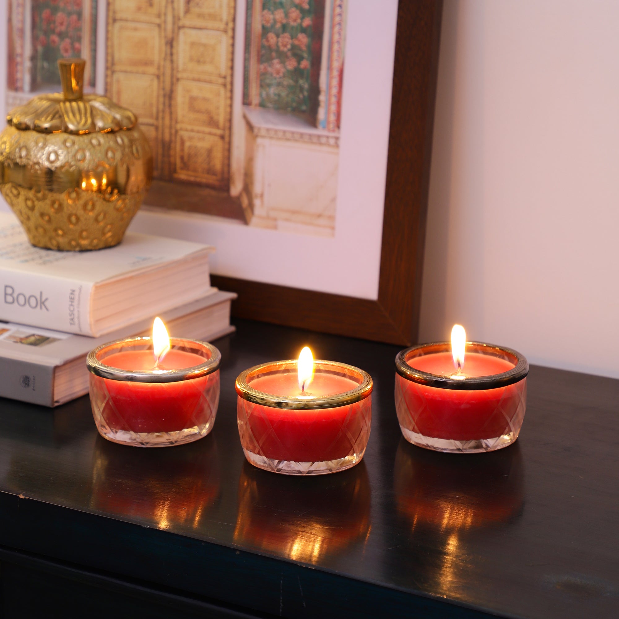 cherry blossom red scented candle jar with Golden ring