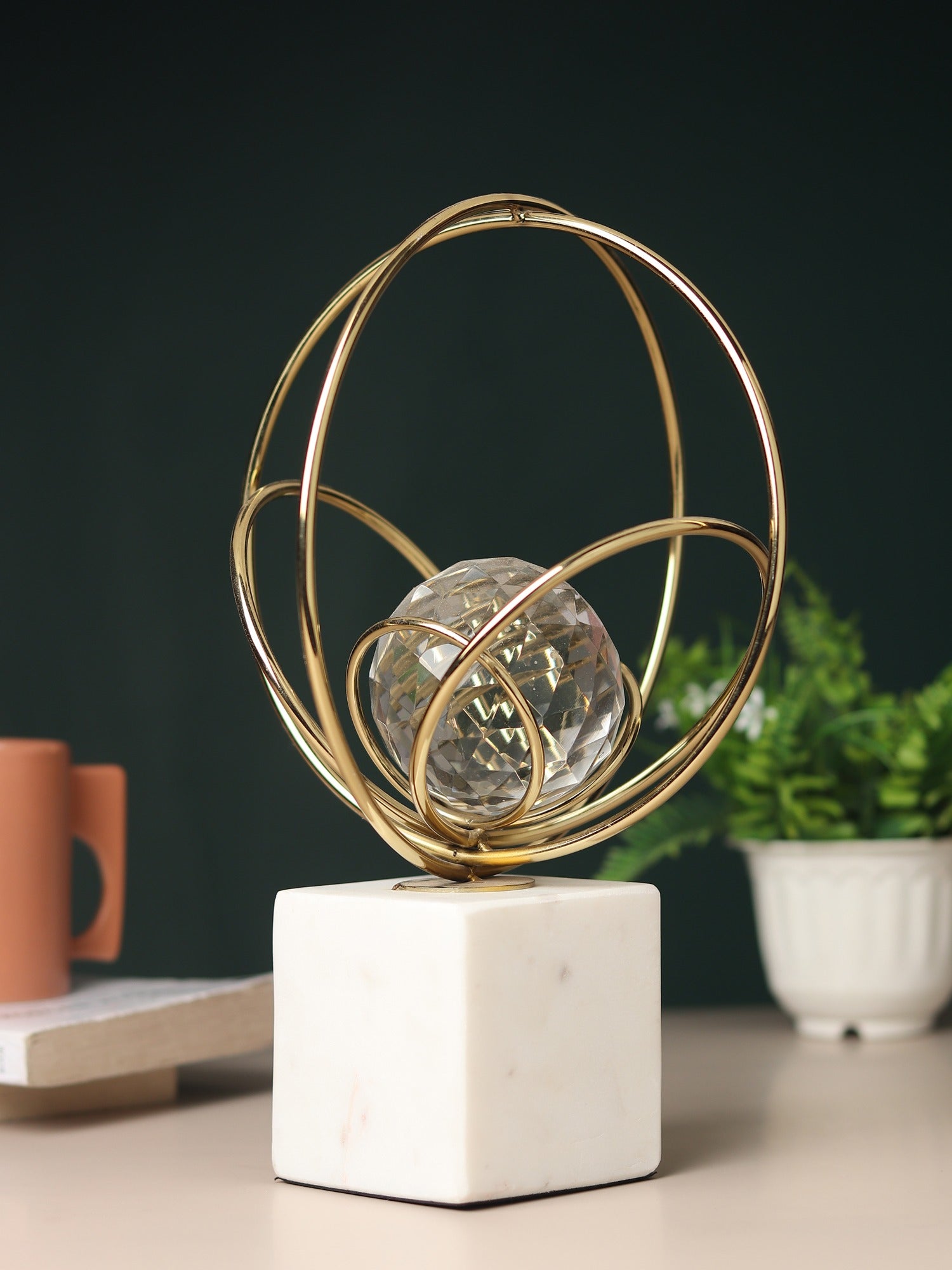 Elysian Gold Rings Crystal Ball Sculpture