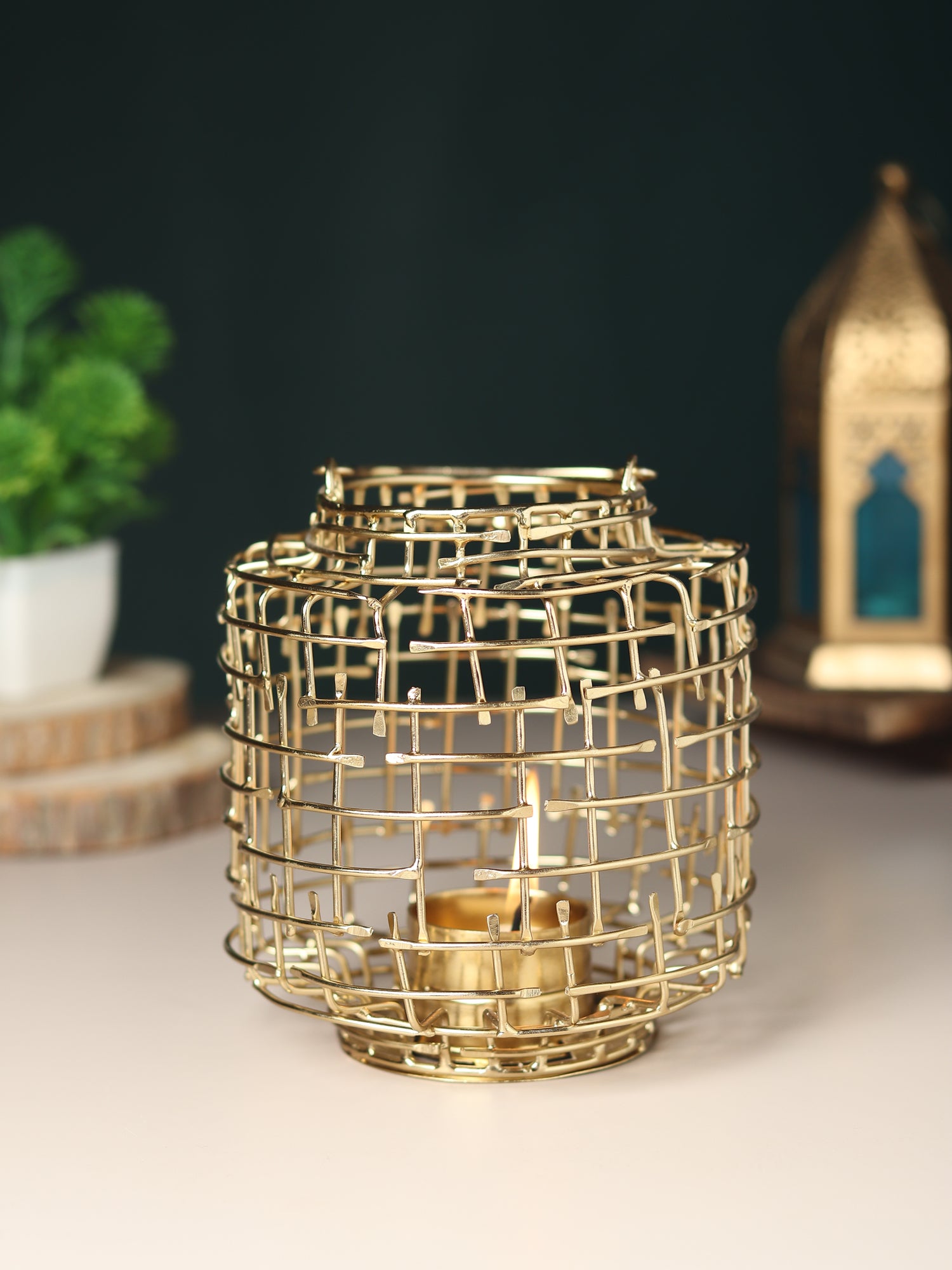 Basketweave Gold Tea Light Holder