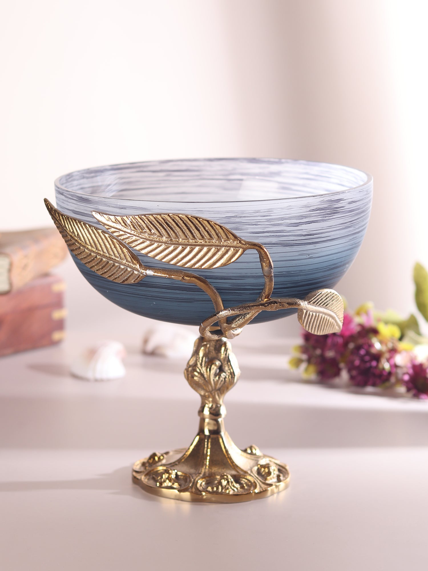 Verdant Elegance Glass Bowl in Wavy Grey and Gold