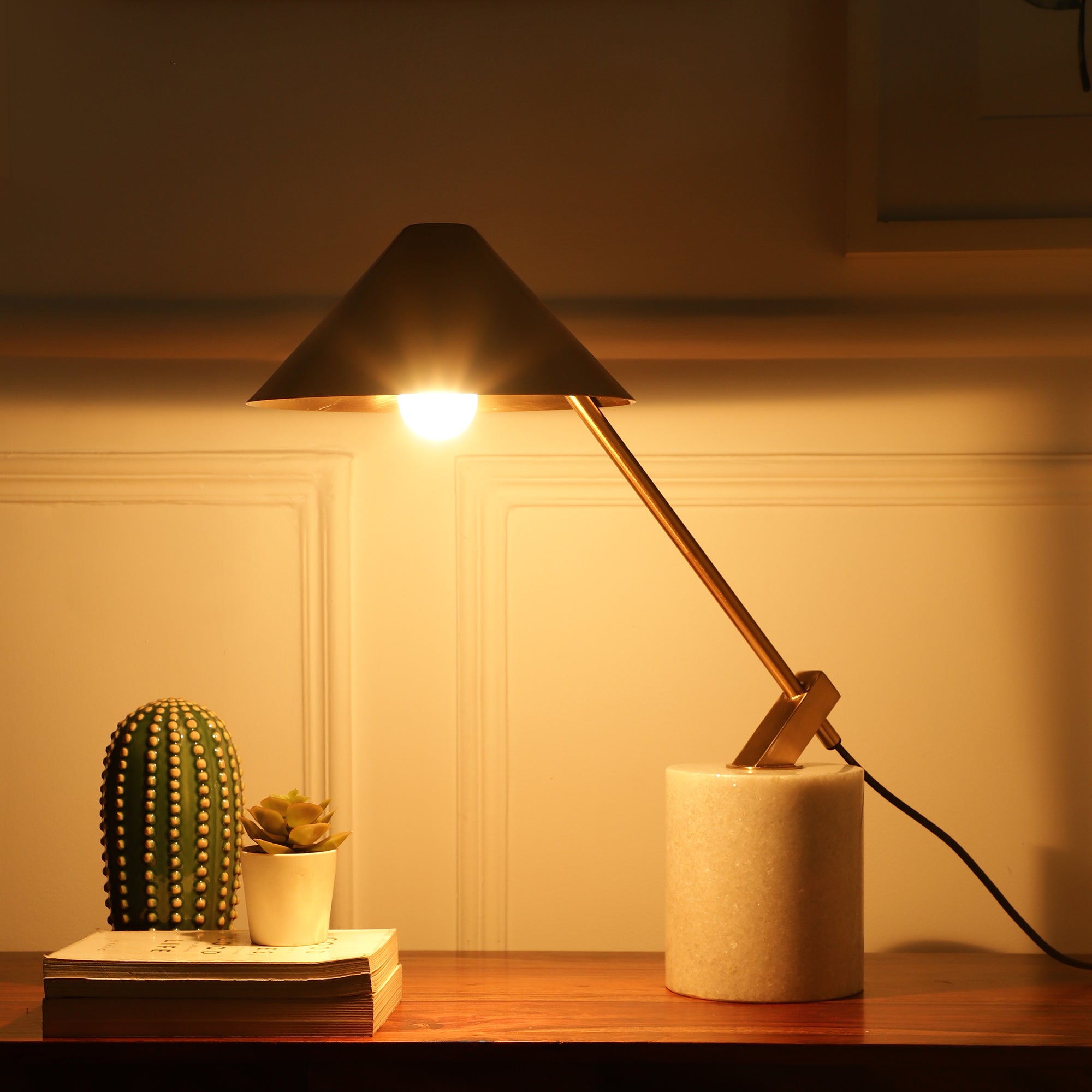 Gold Metal Cone Shade Lamp with white  Marble Base