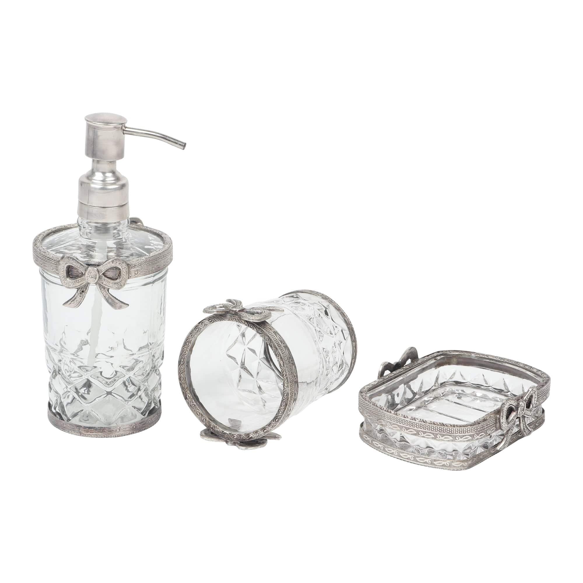 Antique Bow-Tied Glass Bathroom Silver Set - Ouch Cart 