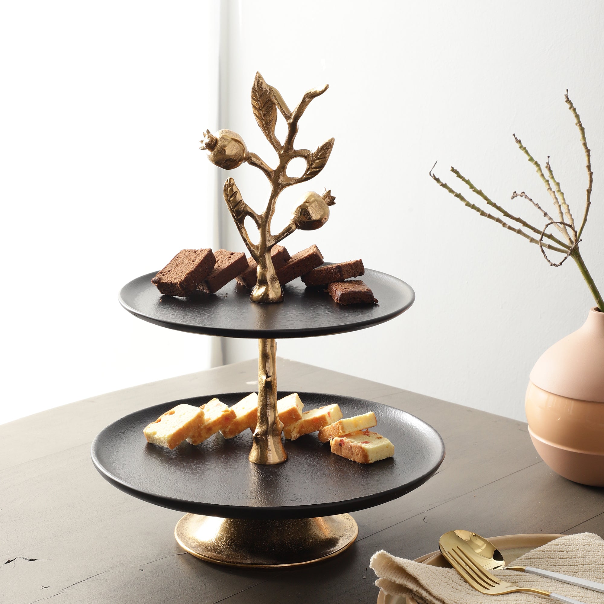 Pomegranate Metal Two layer cake stand in Gold Black