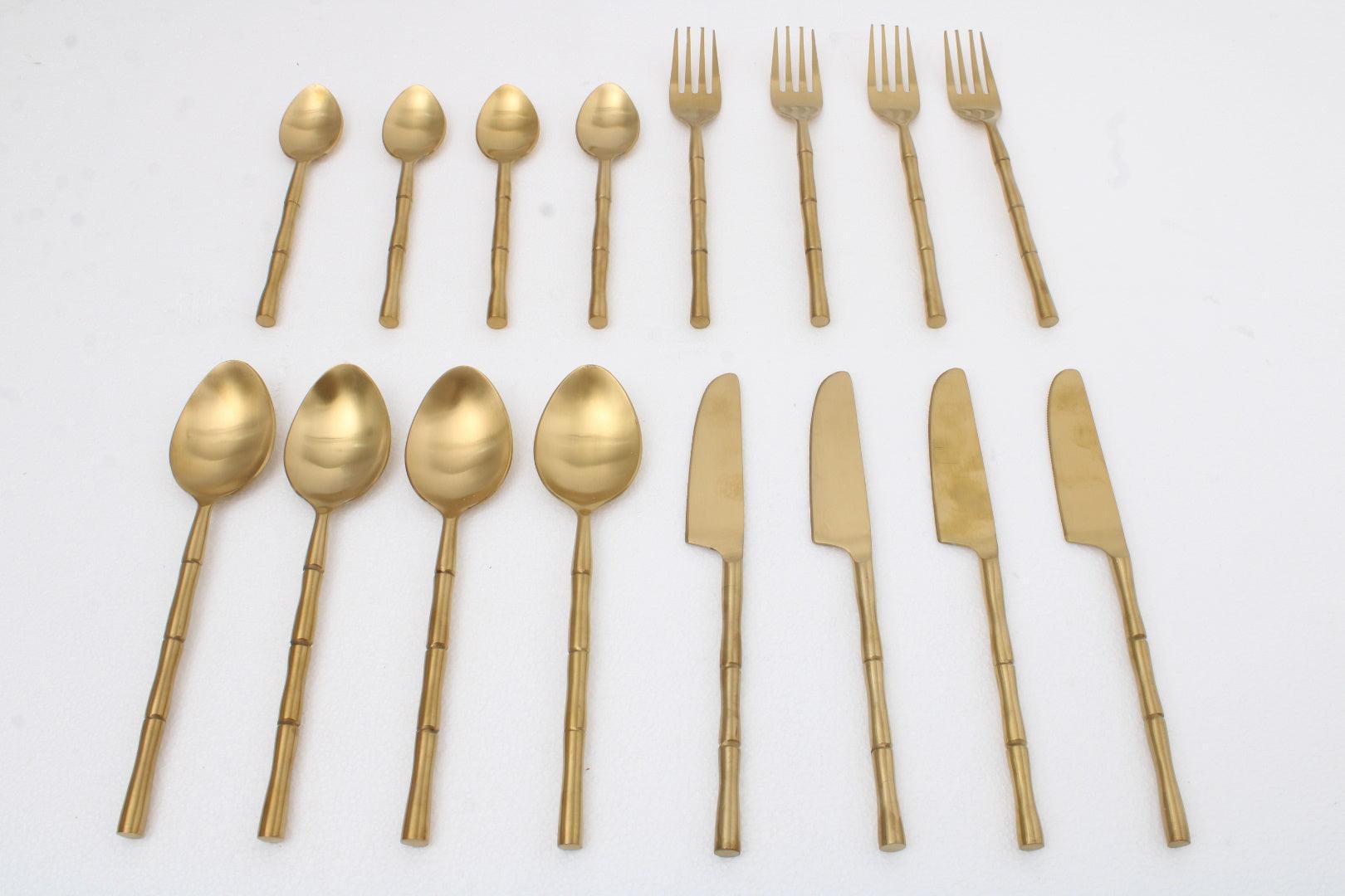 Bamboo Elegance Gold Cutlery (Set of 16) 4Knife, 4Fork,4 Rise Spoon,4 Dessert Spoon - Ouch Cart 