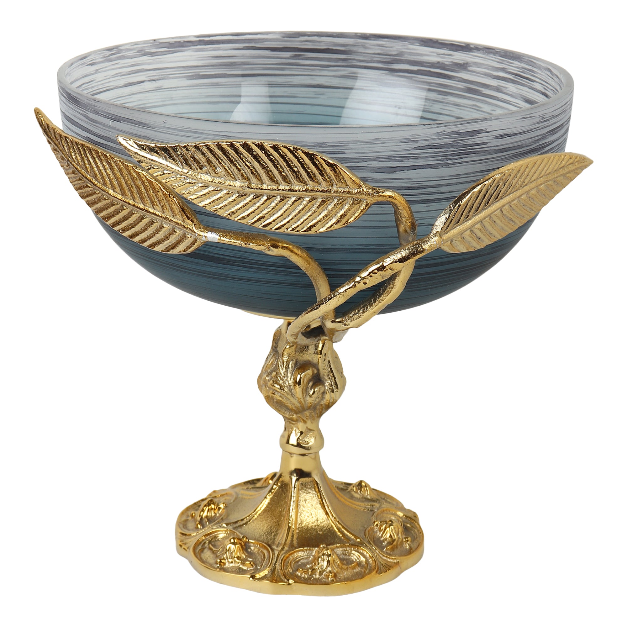 Verdant Elegance Glass Bowl in Wavy Grey and Gold