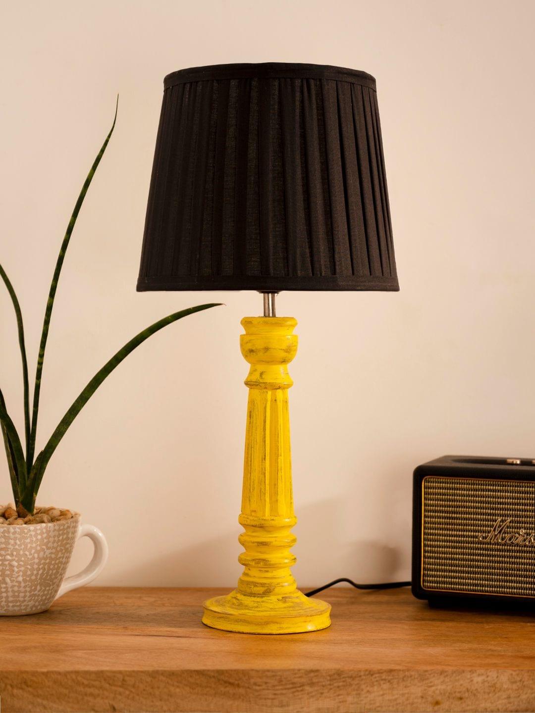 Wooden Pillar Yellow lamp with pleeted Black Soft Shade - Ouch Cart 