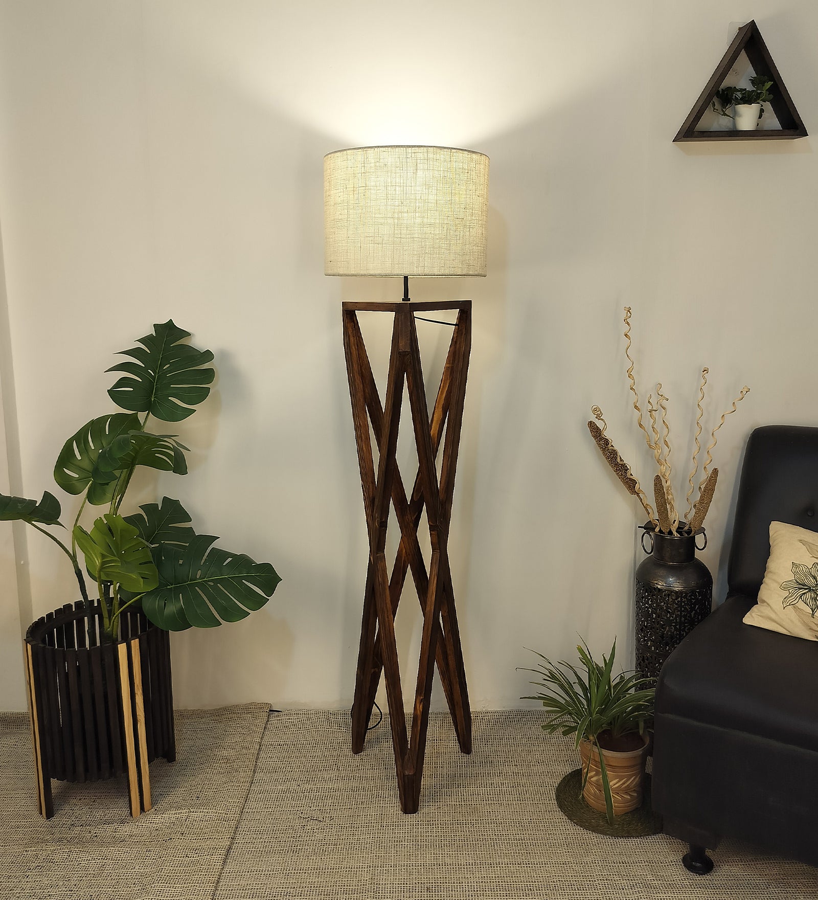 Spectre Wooden Floor Lamp with Brown Base and Jute Fabric Lampshade