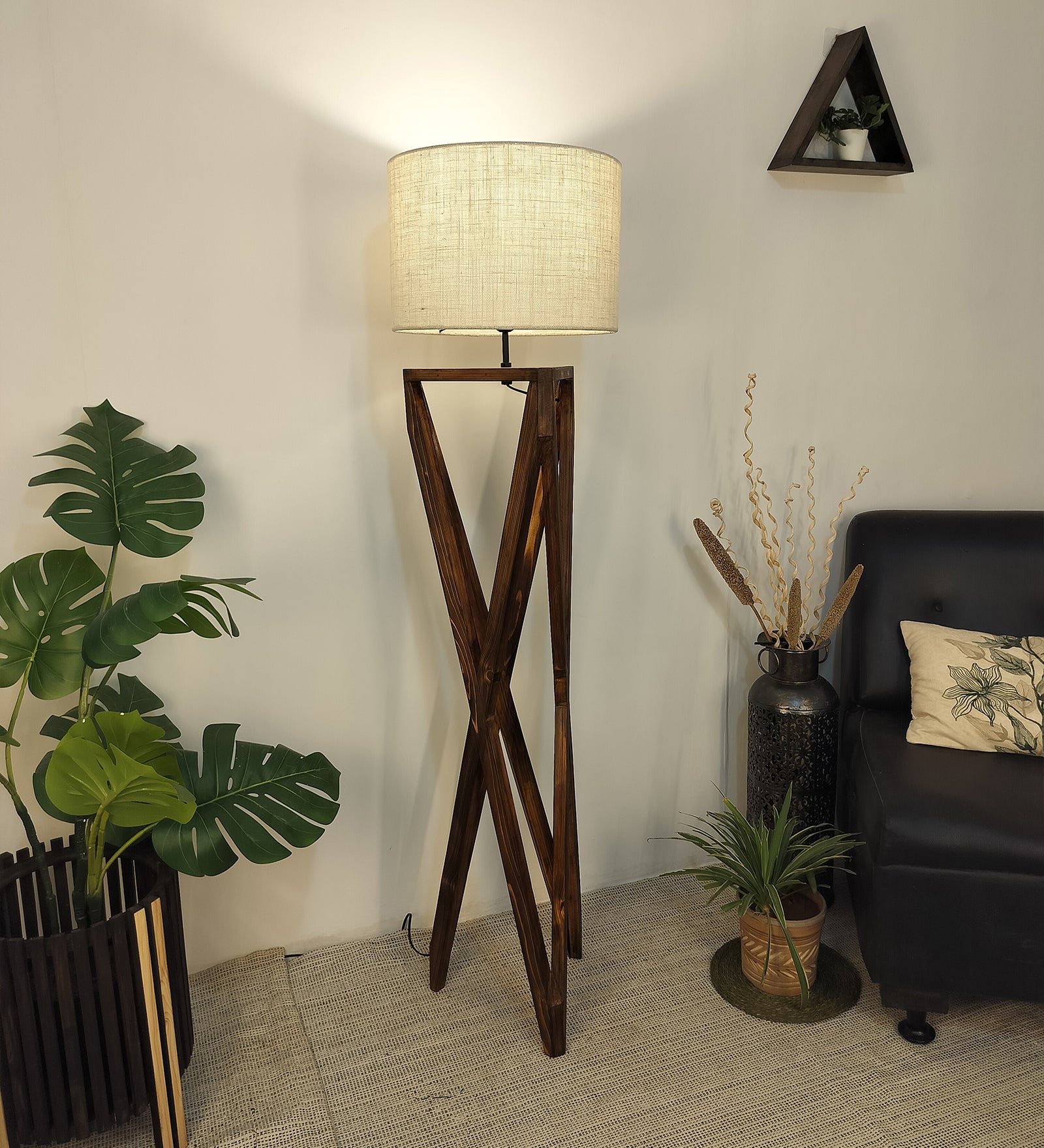 Spectre Wooden Floor Lamp with Brown Base and Jute Fabric Lampshade