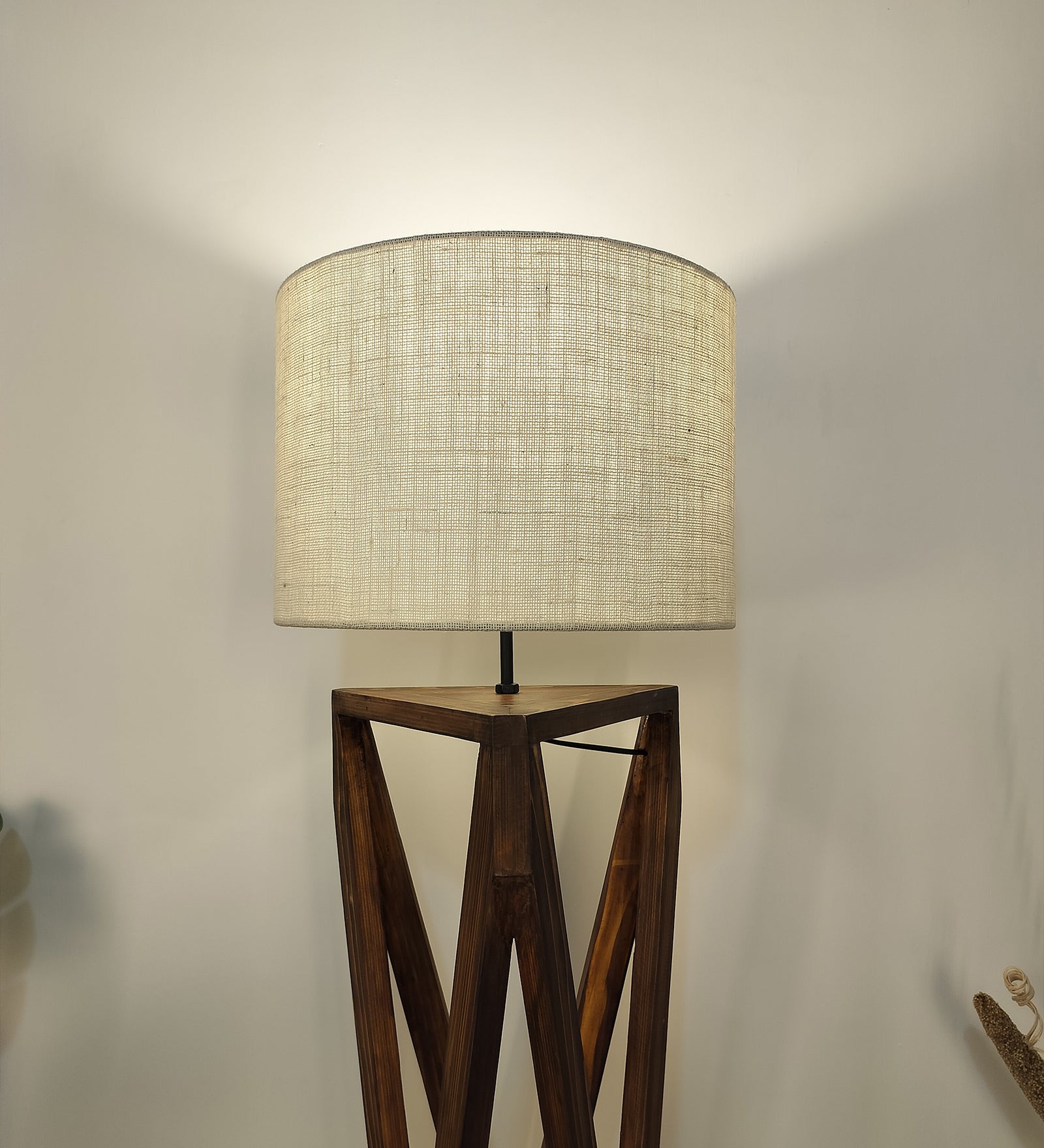 Spectre Wooden Floor Lamp with Brown Base and Jute Fabric Lampshade