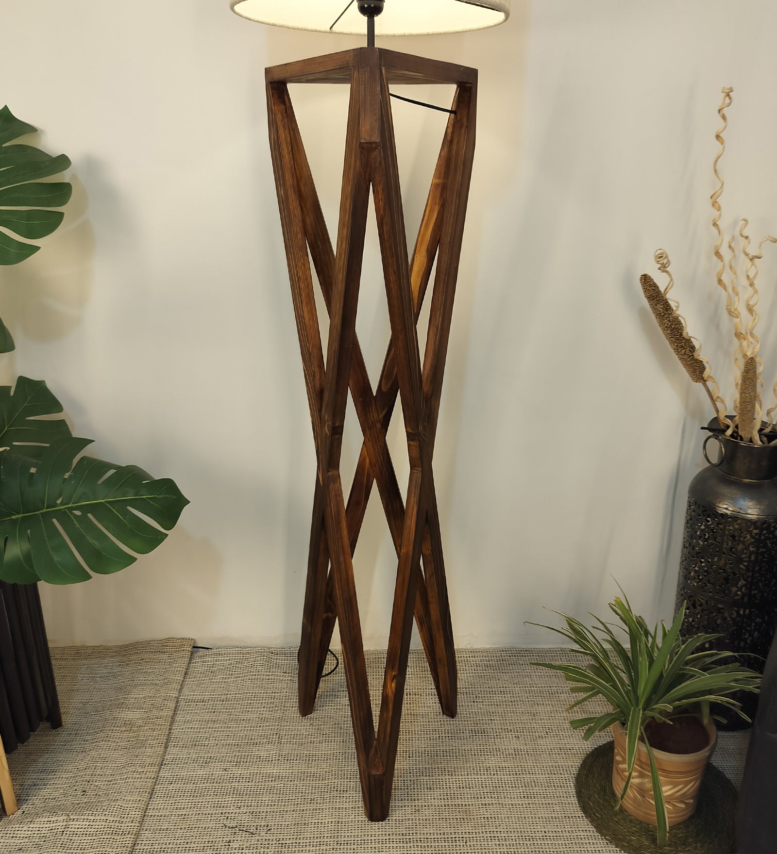 Spectre Wooden Floor Lamp with Brown Base and Jute Fabric Lampshade