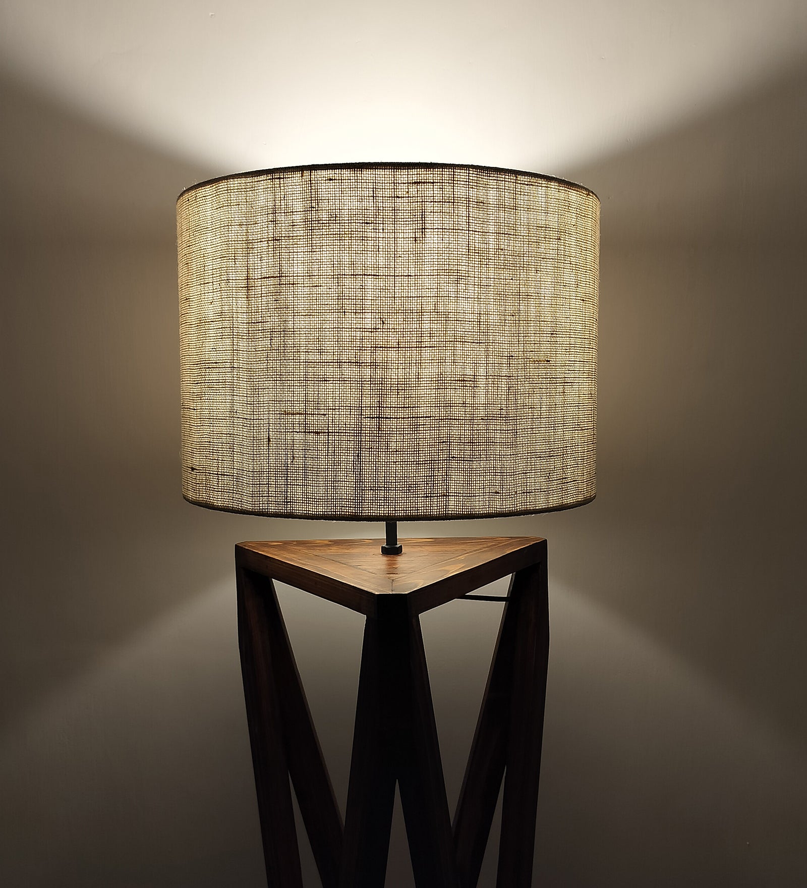 Spectre Wooden Floor Lamp with Brown Base and Jute Fabric Lampshade