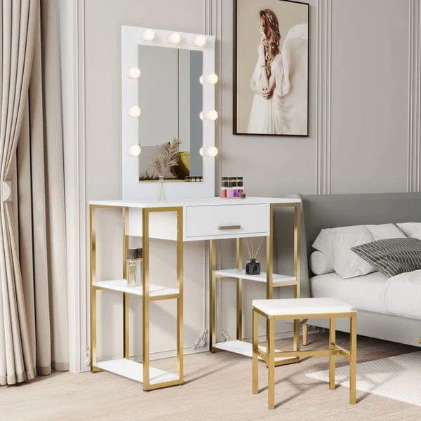 Anna Vanity dressing table with mirror with stool Vanity Desk with Power Outlet, Makeup Table with Sliding Lighted Mirror, Vanity Dresser for Bedroom White - Ouch Cart 