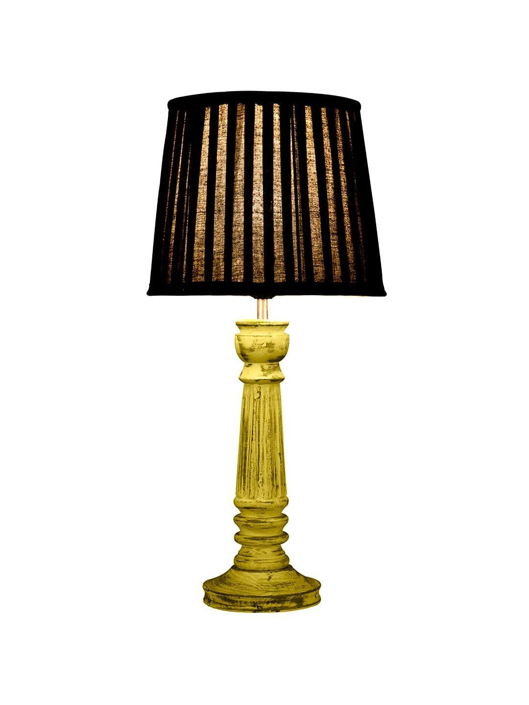 Wooden Pillar Yellow lamp with pleeted Black Soft Shade - Ouch Cart 