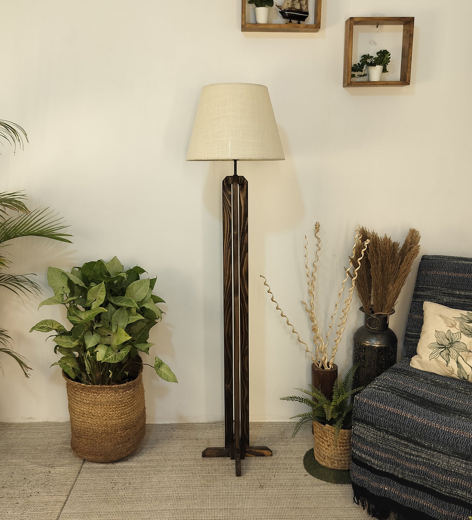 Stella Wooden Floor Lamp with Premium Beige Fabric Lampshade (BULB NOT INCLUDED)