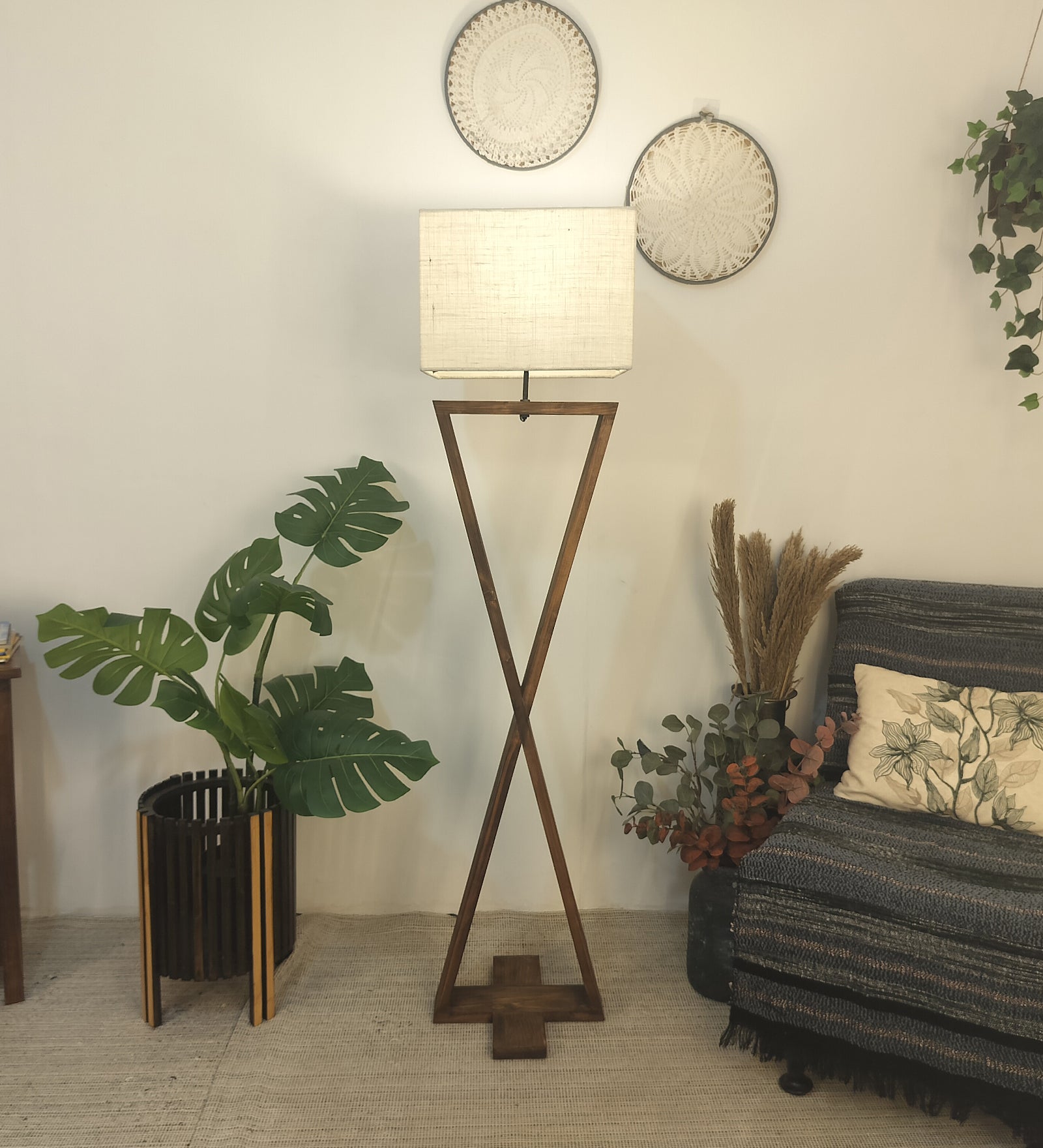 Infinity Wooden Floor Lamp with Premium Beige Fabric Lampshade (BULB NOT INCLUDED)