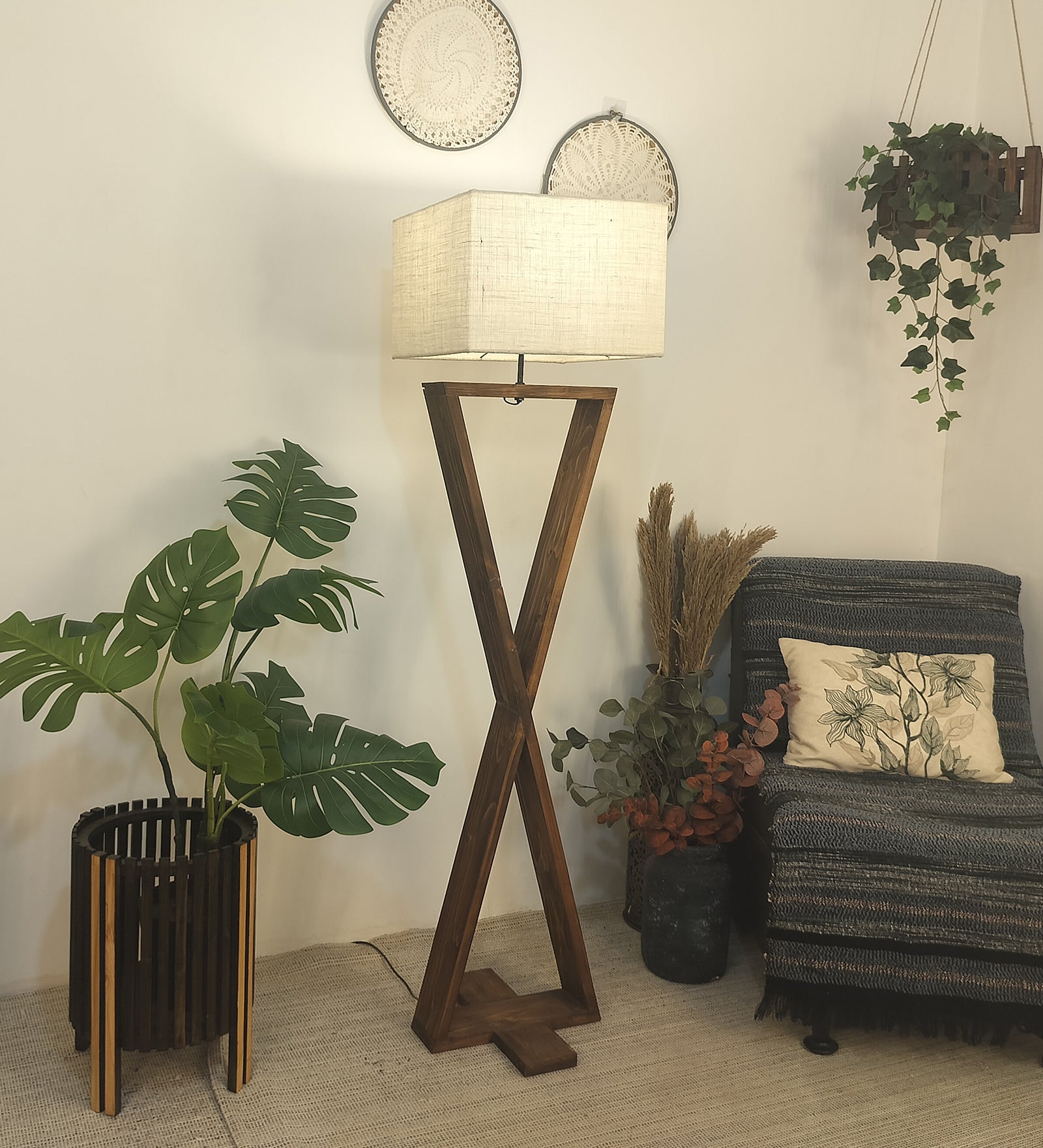 Infinity Wooden Floor Lamp with Premium Beige Fabric Lampshade (BULB NOT INCLUDED)