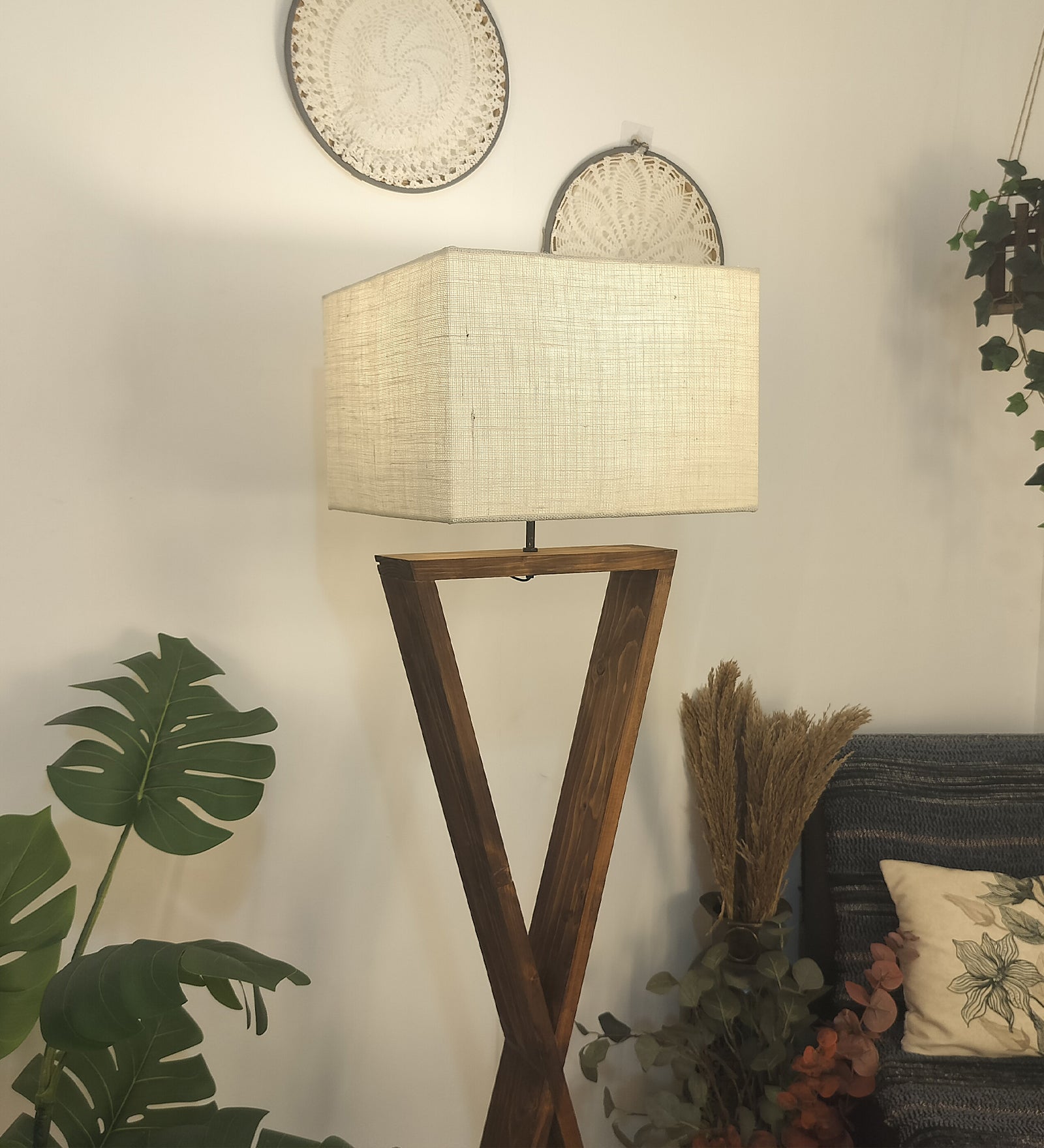 Infinity Wooden Floor Lamp with Premium Beige Fabric Lampshade (BULB NOT INCLUDED)