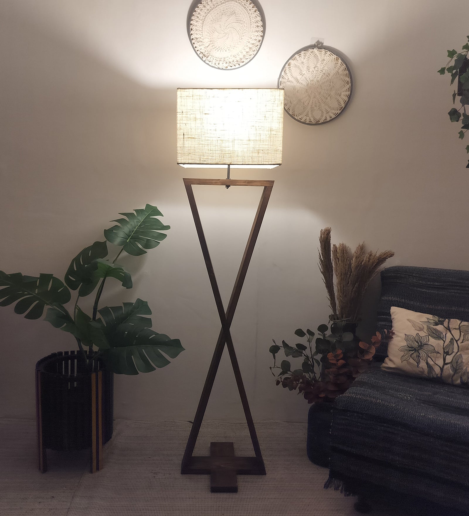 Infinity Wooden Floor Lamp with Premium Beige Fabric Lampshade (BULB NOT INCLUDED)