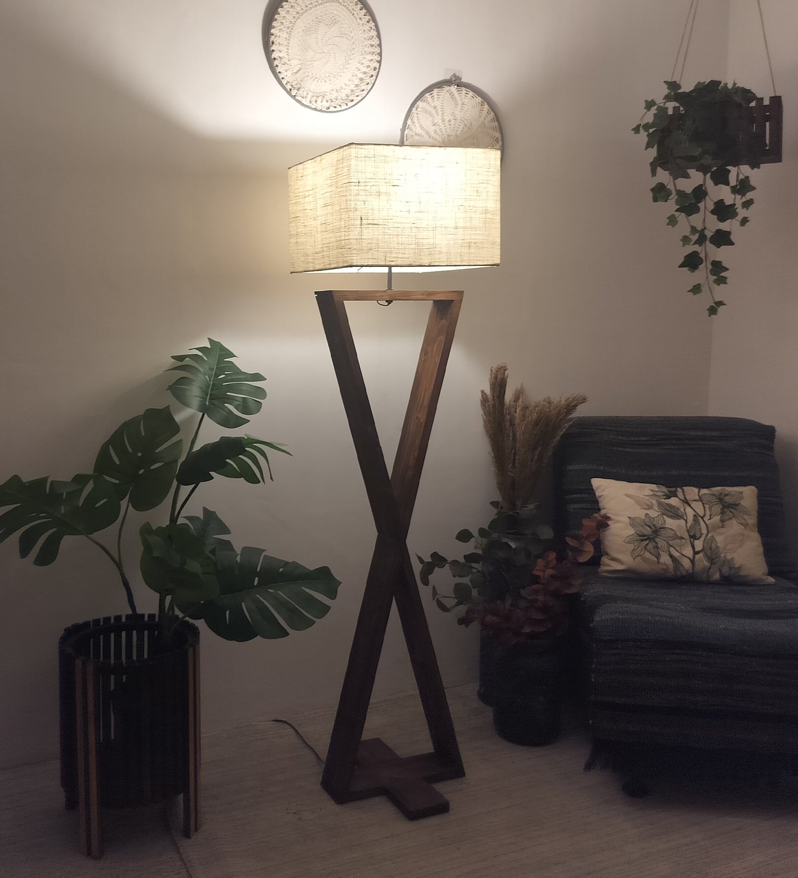 Infinity Wooden Floor Lamp with Premium Beige Fabric Lampshade (BULB NOT INCLUDED)